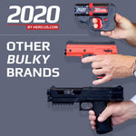 Three hands hold different non-lethal devices to compere their sizes. The HERO 2020 at the top is the smallest. Text on the image states "2020" compared to "Other bulky brands"