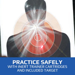 An explosion of powder against a target. Text on the image reads "Practice safely with inert trainer cartridges and included target"