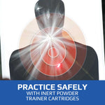 A training projectile explodes against a target. Text on the image reads: Practice safely with inert powder trainer cartridges