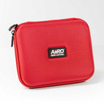 A red case for AIIRO. It has a zipper and a badge that says AIIRO Non-Lethal