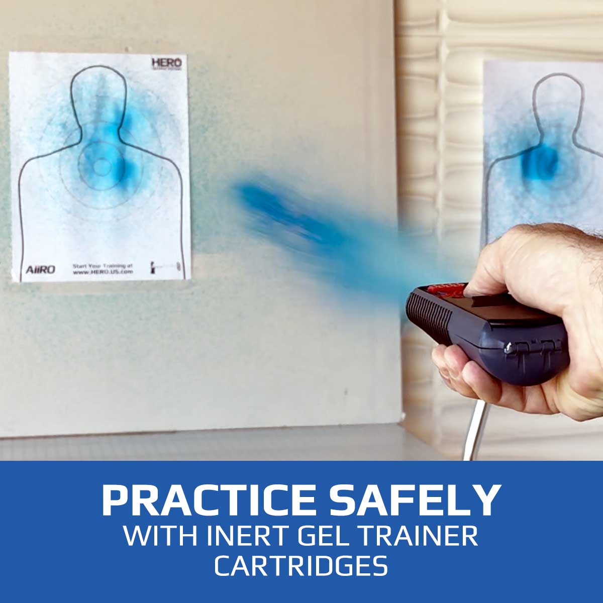 AIIRO fires a blast of blue training gel at a target. Text on the image reads: Practice safely with inert gel trainer cartridges